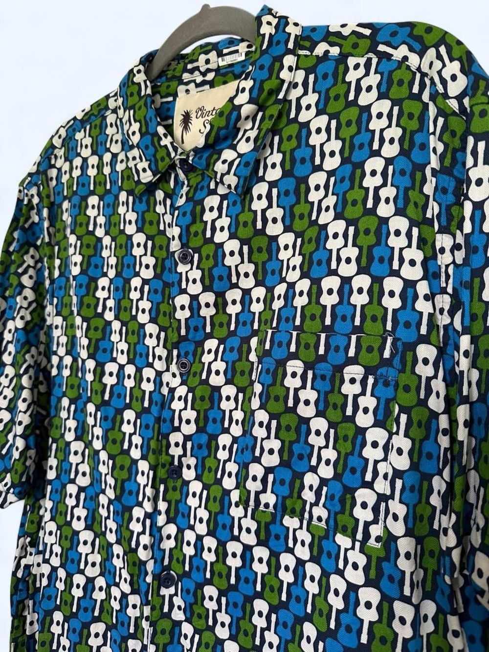Vintage Silk Blue Green guitar ukulele print short sleeve button up shirt XXL